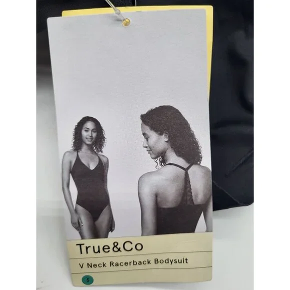 True & Co SZ Small Black V Neck Soft Lace Racerback Bodysuit Thong Wire Free - Picture 6 of 8
